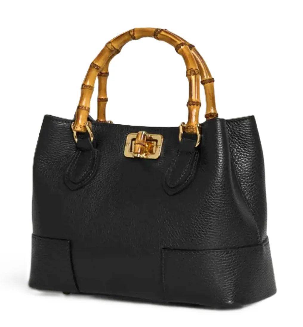 Black genuine leather designer tote handbag with bamboo top handle and gold frame lock closure.