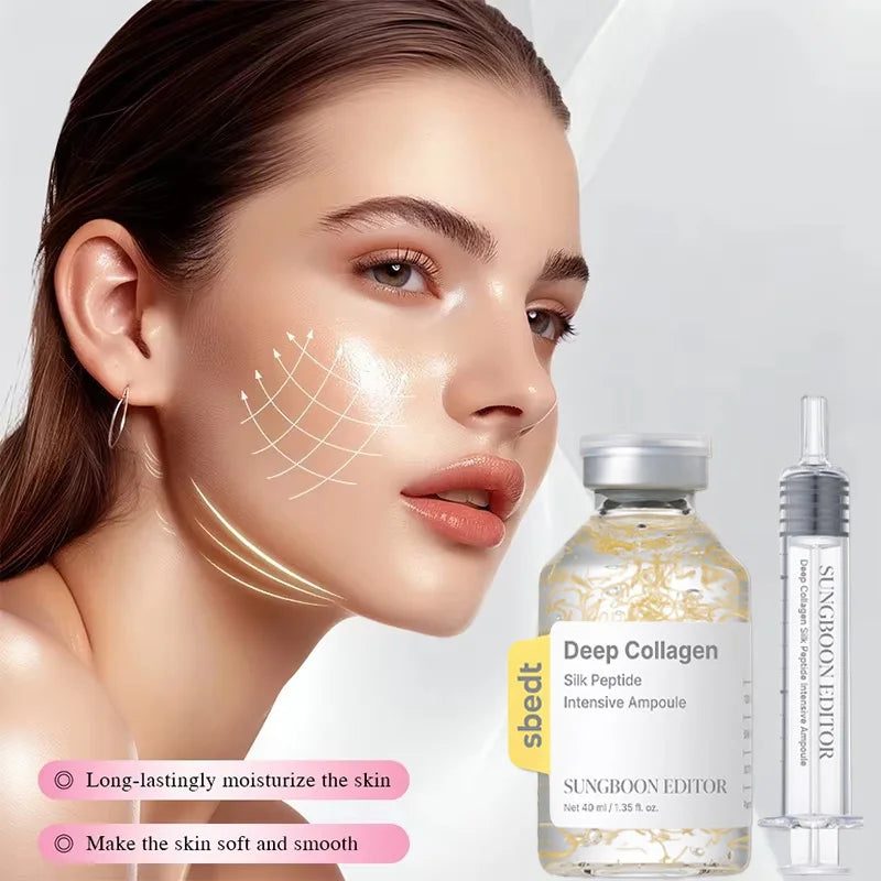 Sungboon Editor Deep Collagen Silk Peptide Intensive Ampoule in a glass bottle with a syringe applicator for face skin.
