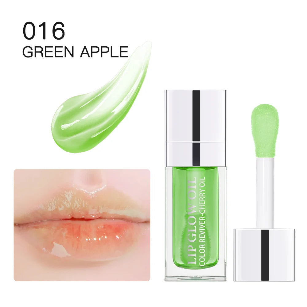 Green Apple crystal jelly lip oil, hydrating plumping lip gloss with shiny, moisturizing texture for juicy lips.