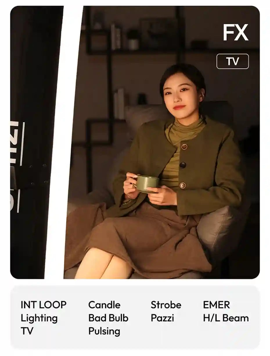 LED video light tube creating ambient TV screen lighting for indoor photography and cinematography.