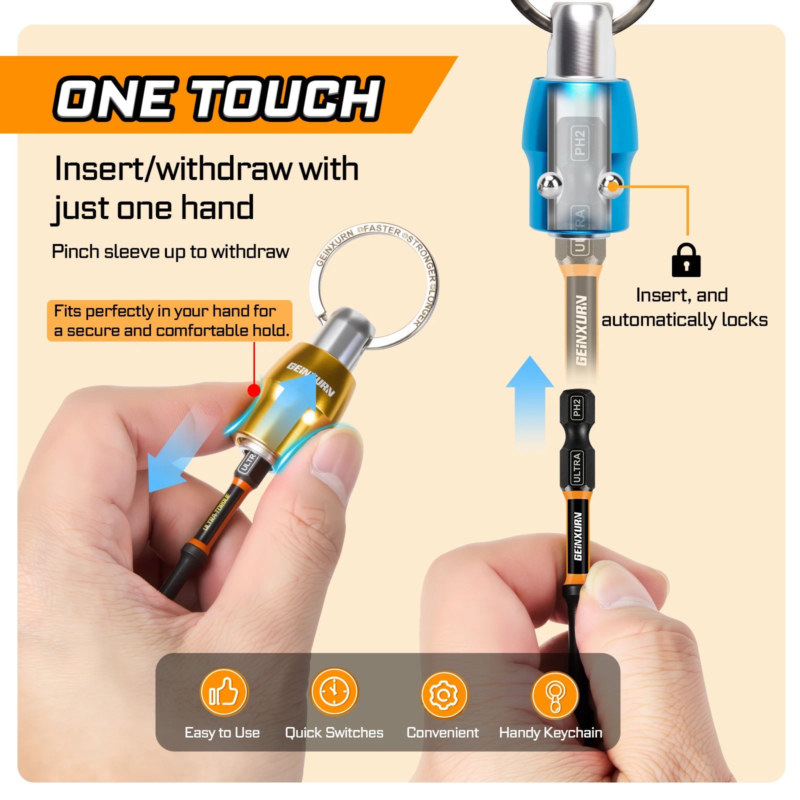 Geinxurn Keychain Bit Holders Set,1/4" Hex Shank Bit Holder, Premium Aluminum Construction,Compact Keyring Design for Easy Carry