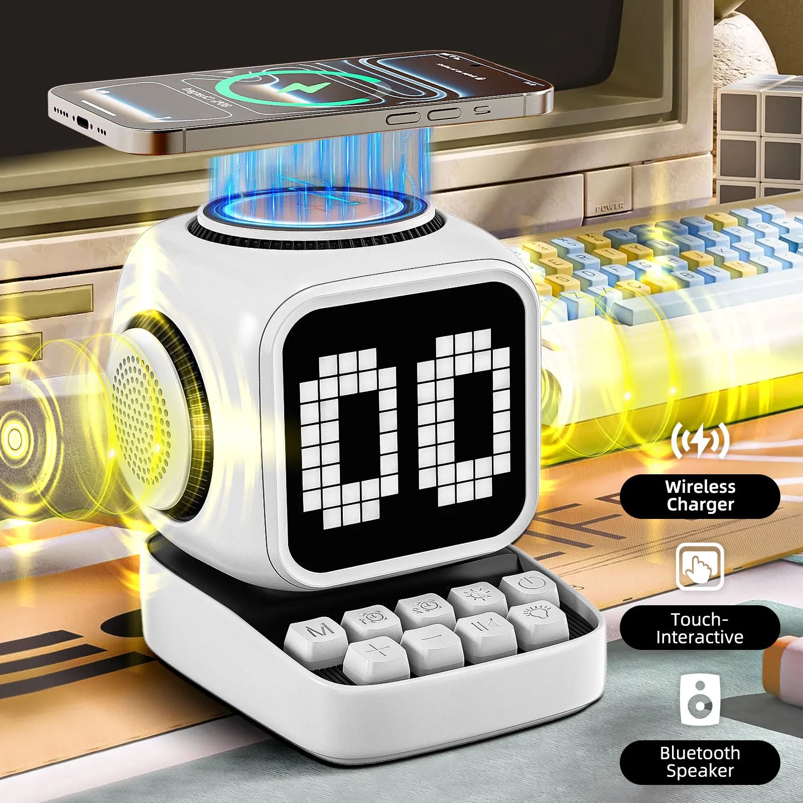 Portable Bluetooth Speaker with LED Alarm Clock and Wireless Charger Tidesmit