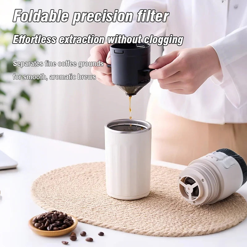 Portable white coffee maker with foldable precision mesh filter dripping coffee into a stainless steel travel mug.