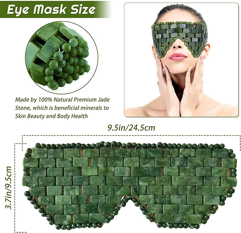 Natural green jade stone eye mask for cooling spa relaxation, sleep, and face massage. Reusable 9.5x3.7 inch design.