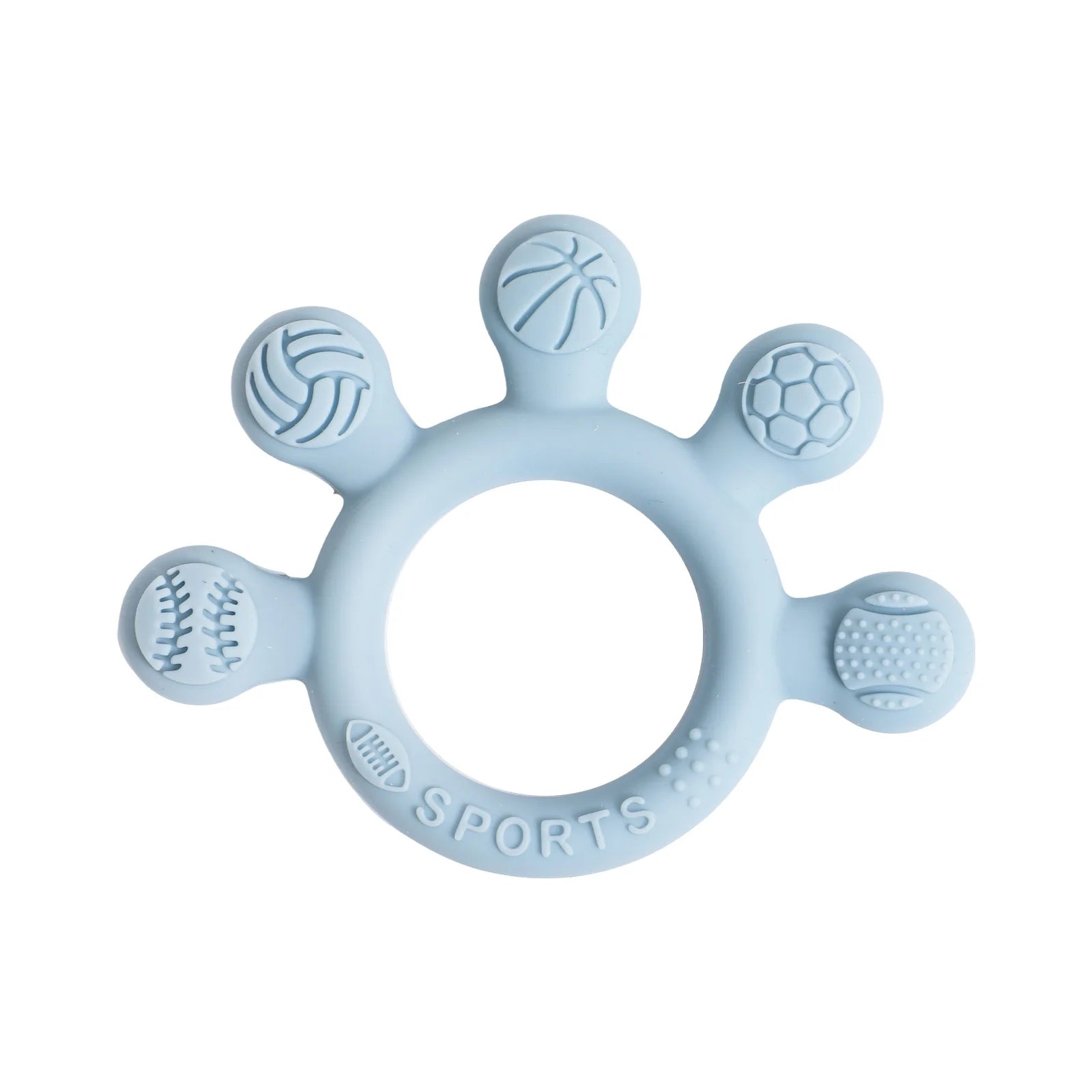 Light blue sports-themed silicone baby teething ring for soothing sore gums.