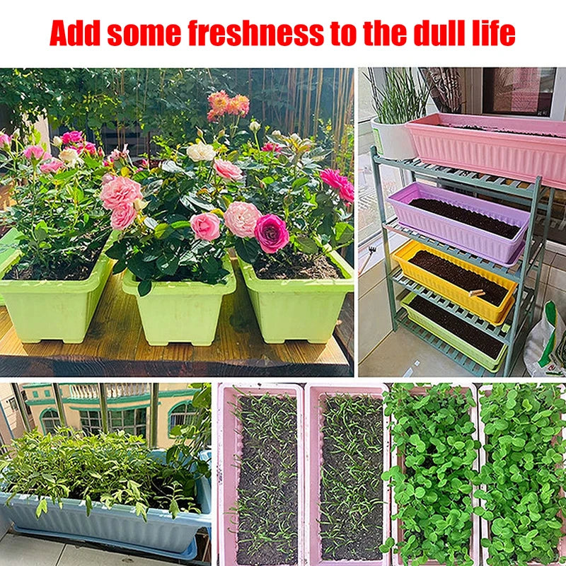 Multi-color rectangular plastic planters holding flowers and small plants on a stand