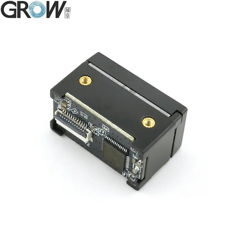 Barcode scanner module top view with exposed connector pins and mounting screw holes