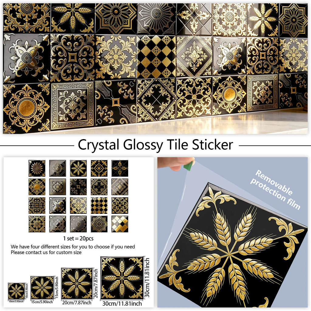 20pcs Classic Black Gold Ornate Baroque Style Tile Transfers Waterproof Stickers for Home Renovation