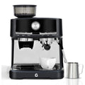 Gevi black espresso machine with built-in grinder, 58mm group head, steam wand, coffee cup, and steel milk pitcher.