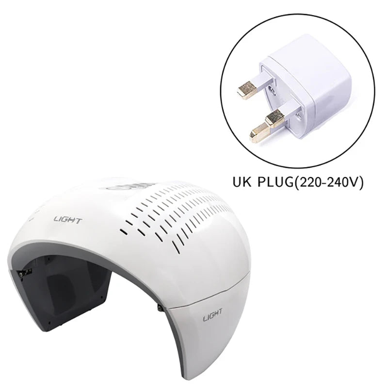 White arched LED light therapy face mask with vents and a 220-240V UK power plug.