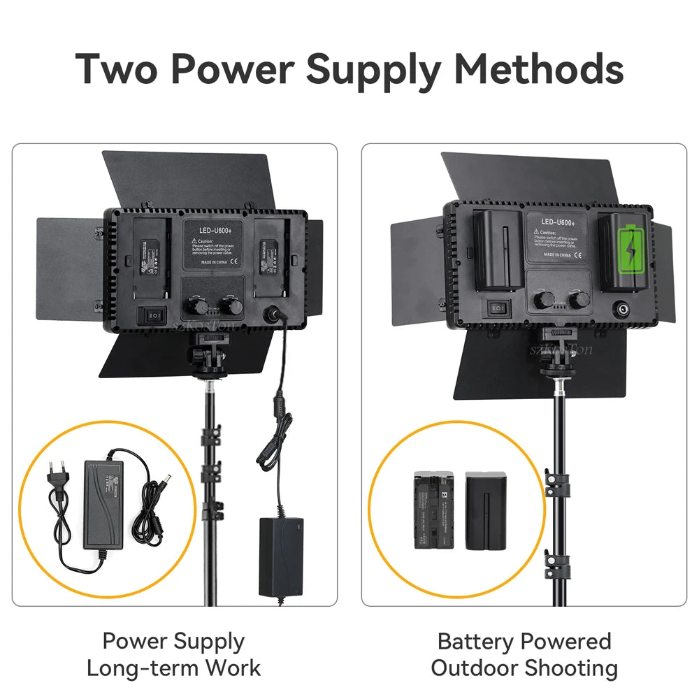 LED-U600+ video light panel with adjustable barn doors on a stand, showing AC adapter and dual battery power options.