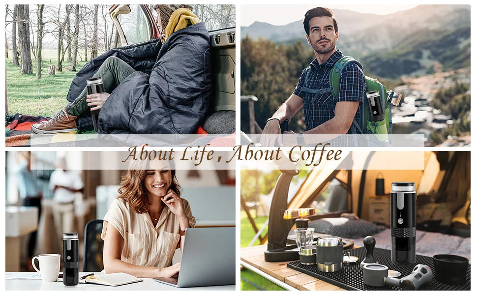 Portable black travel espresso maker for outdoor camping or office, featuring compact design and coffee accessories.