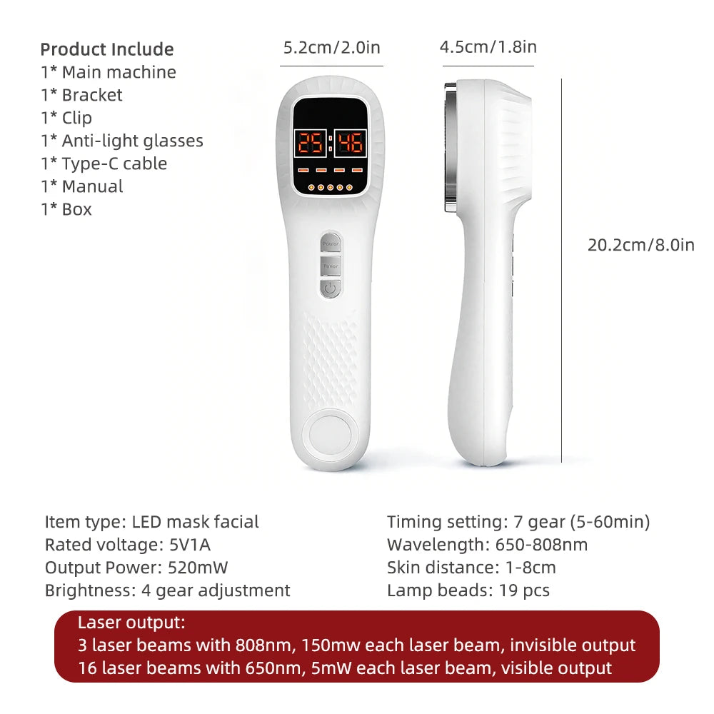 White handheld red/infrared therapy device showing front and side views with digital display, buttons, and dimensions.