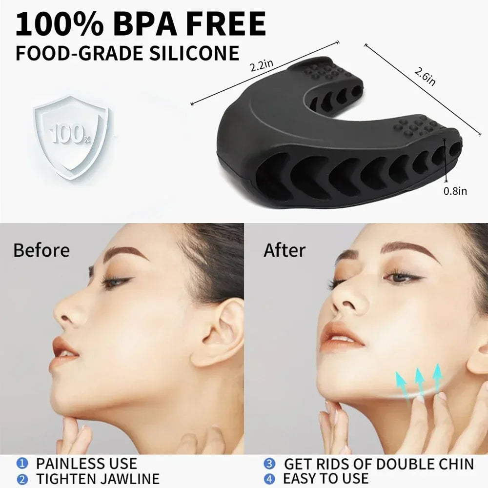Black U-shaped silicone jawline exerciser for facial muscle toning, showing dimensions and before-and-after results.