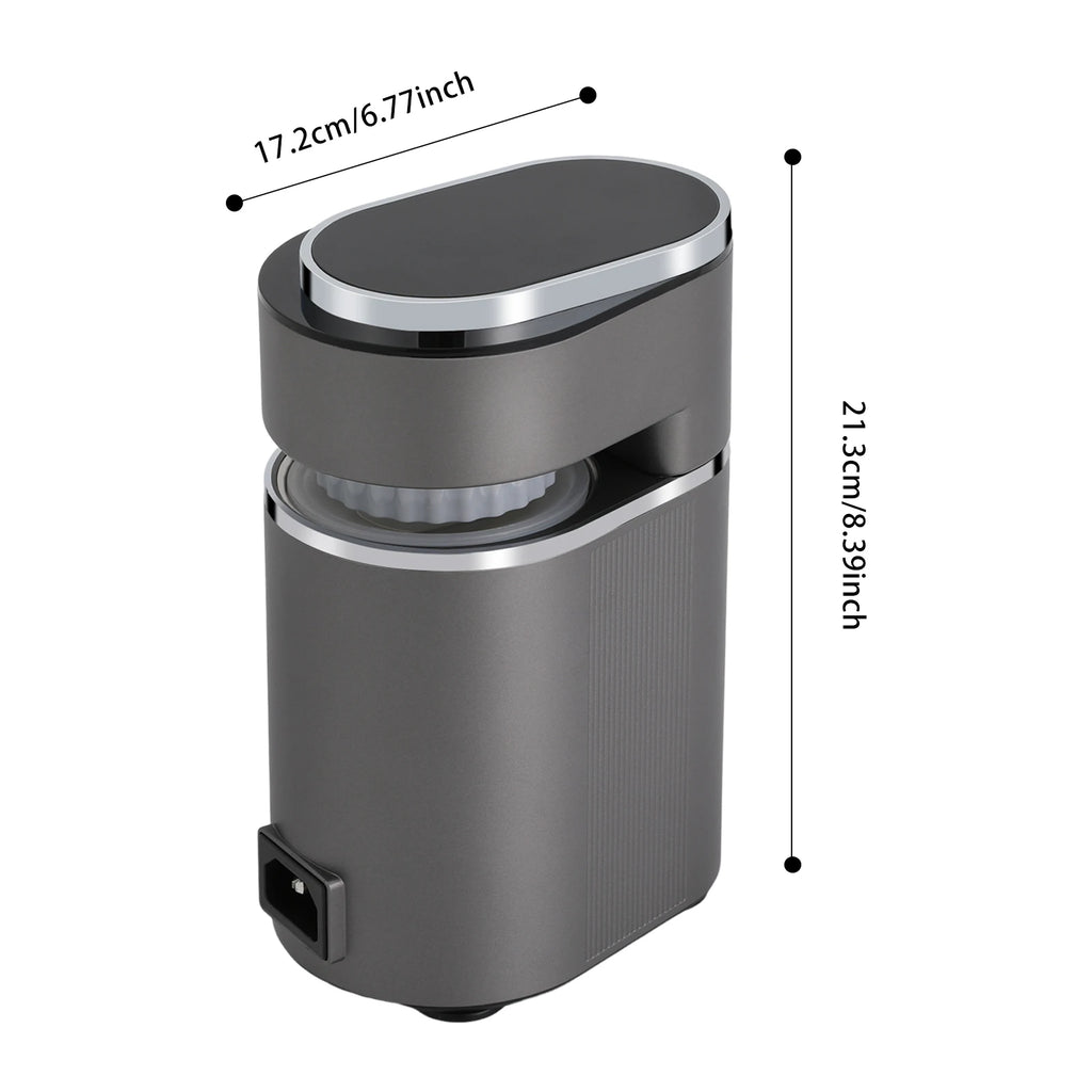 Compact dark gray electric coffee grinder with dimensions 17.2cm x 21.3cm, sleek modern design with silver trim.