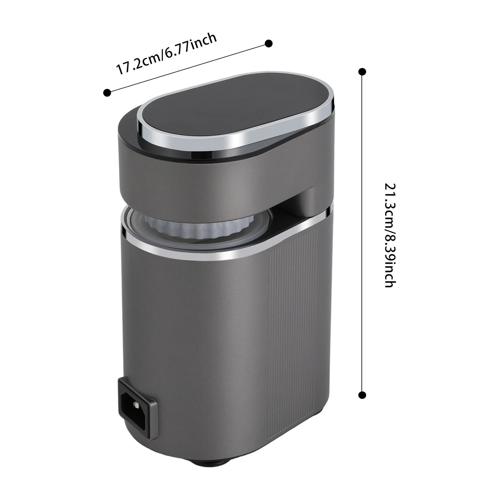Dark gray electric coffee grinder with silver trim, 17.2cm by 21.3cm dimensions, modern compact design.