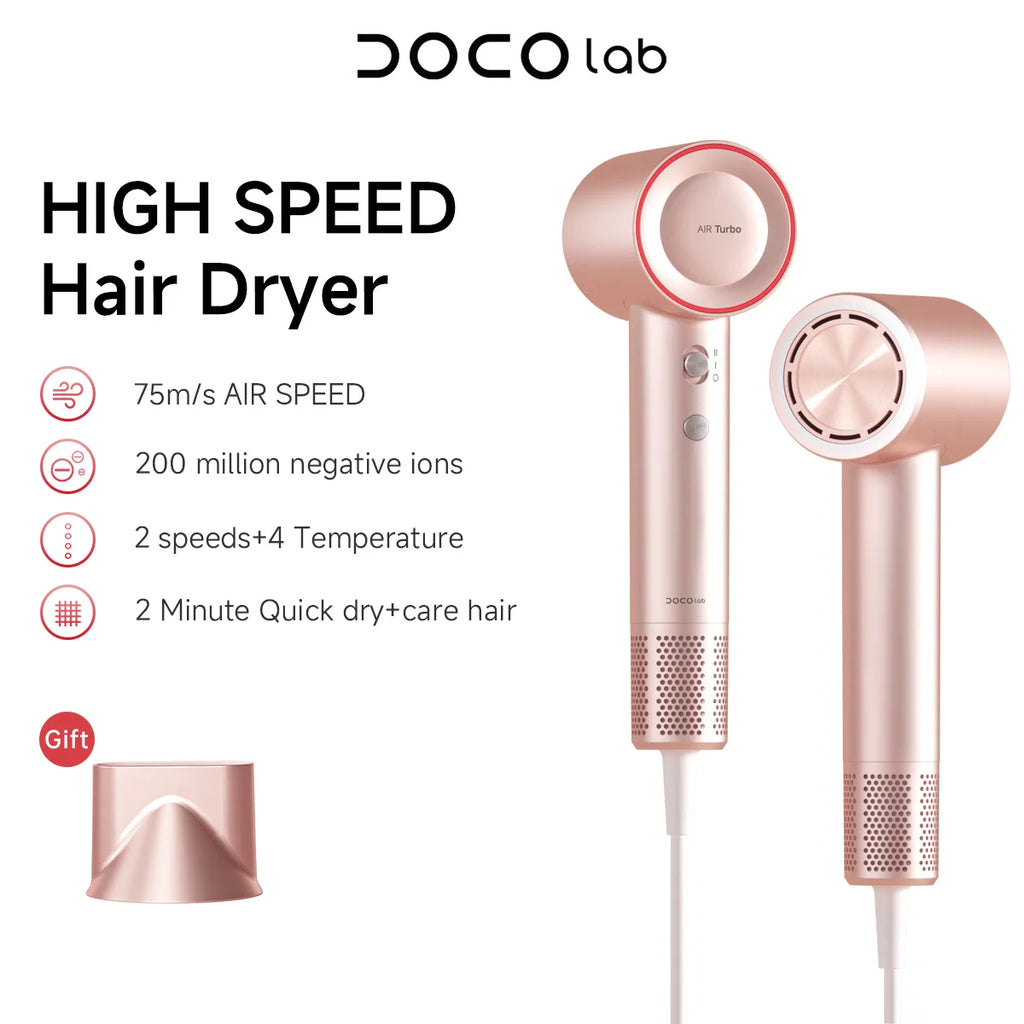 DOCO high-speed rose gold hair dryer with negative ion tech, quick-dry nozzle, and professional lightweight design.