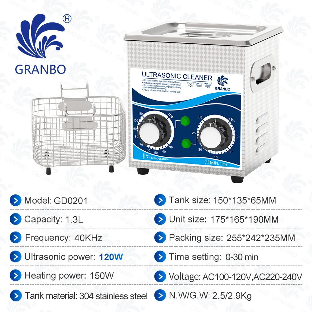 Tidesmit 120W Ultrasonic Cleaner 1.3L tank with timer and heater for cleaning watches, jewelry, and small parts