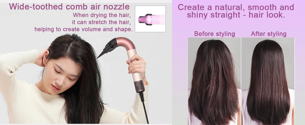 1400W rose gold hair dryer with wide-tooth comb attachment for fast drying, volume, and sleek straight styling.
