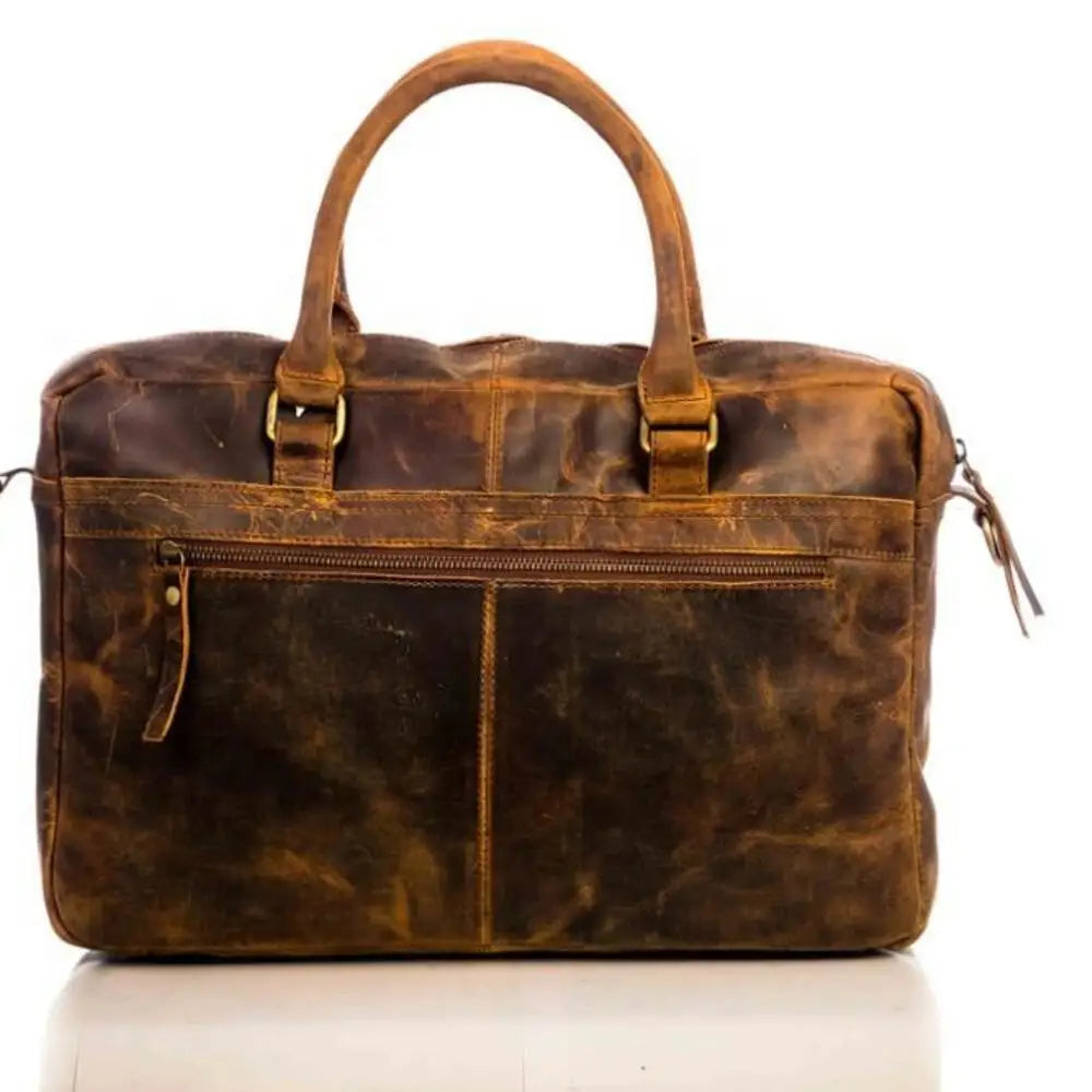 Large capacity distressed brown PU leather travel trunk bag with top handles, zipper pockets, and durable stitching.