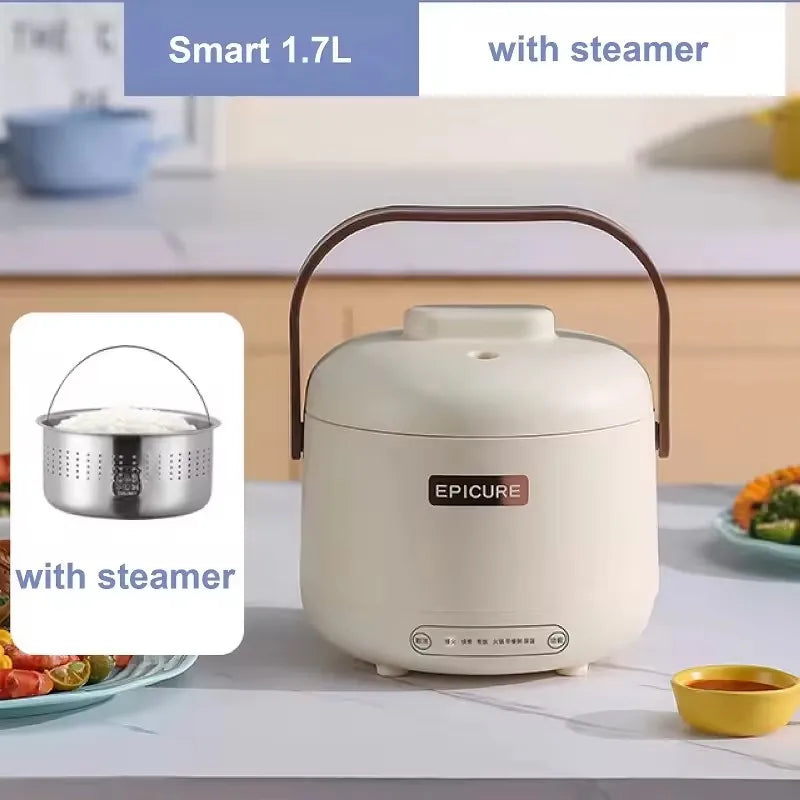 White 1.7L electric rice cooker with steamer basket, handle, and Epicure front label
