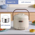 White 1.7L electric rice cooker with steamer basket, handle, and Epicure front label