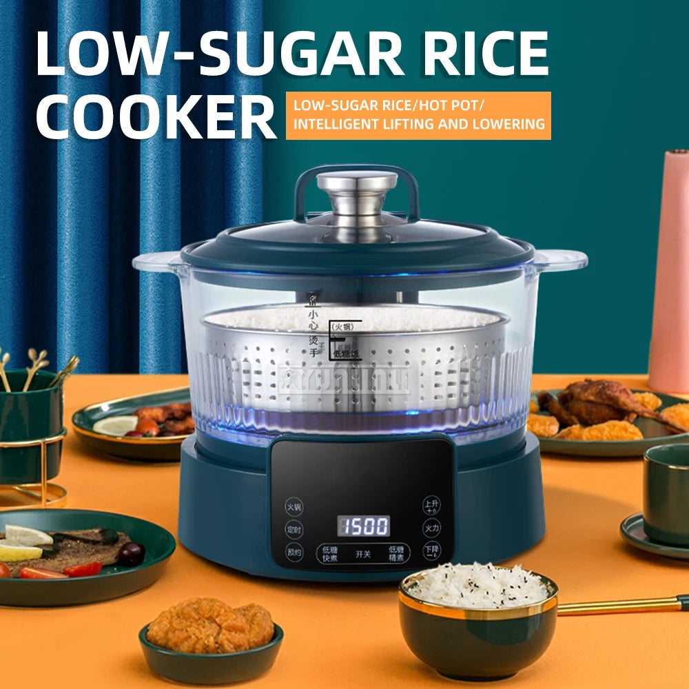 Blue electric rice cooker with clear lid and steaming basket holding white rice