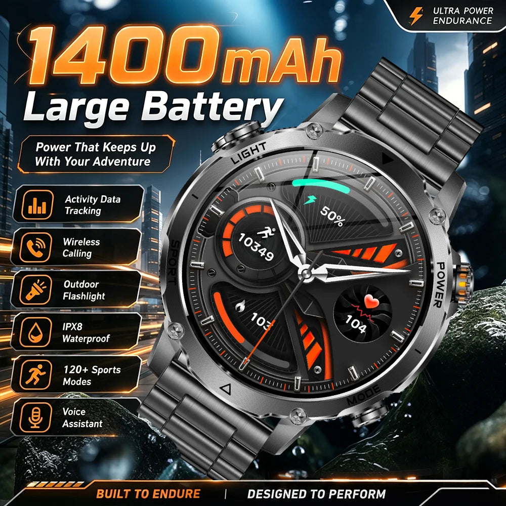 New Military ULtra 1400mAh Huge Battery SmartWatch Two Flashlight 10ATMan Waterproof HD Call 1.73“ 100+Sports Smart watch Man