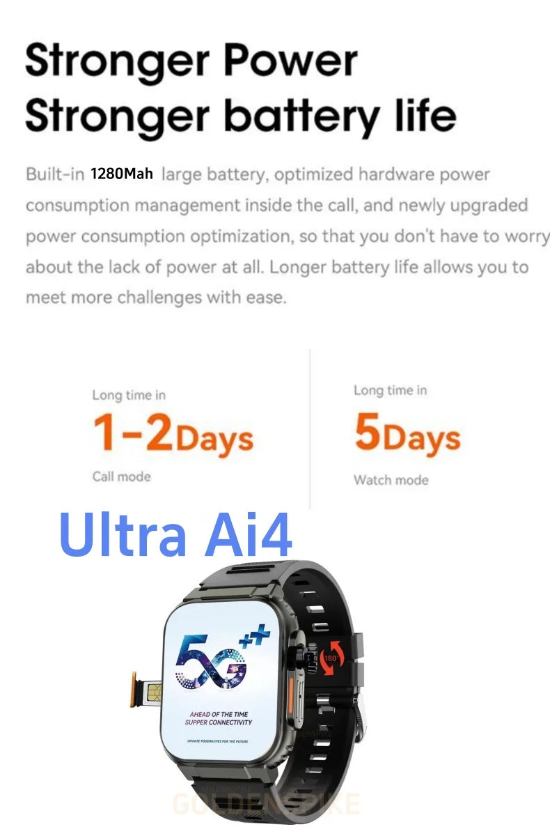 Microwear Ultra Ai4 Smartwatch 5G LTE Full Netcom Smart Watches With 180° Rotary Camera 500+ watchfaces free download GPS WIFI