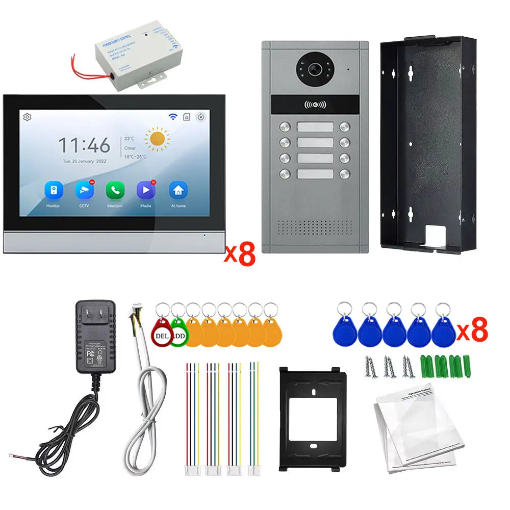 7 inch Touch Screen Video Doorbell Intercom 4 Wired Tuya WiFi Video Doorphone System for 5/6/8 Family Apartment RFID Card Unlock