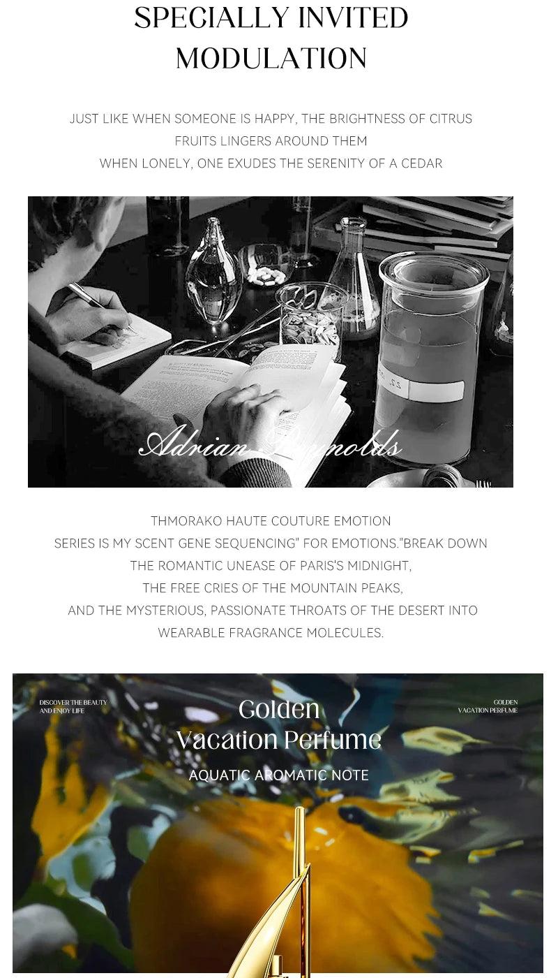 MORAKOT Golden Vacation EDT: Unisex 75ml perfume, aquatic aromatic scent, sleek gold bottle. Fresh fragrance for all.