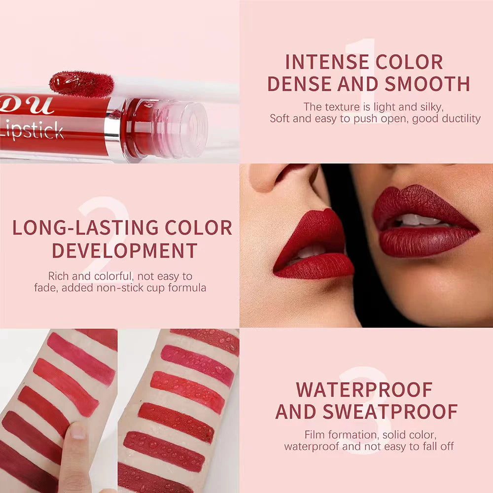 Long-lasting, waterproof matte liquid lipstick with silky, non-stick, high-pigment red shades for all skin types.