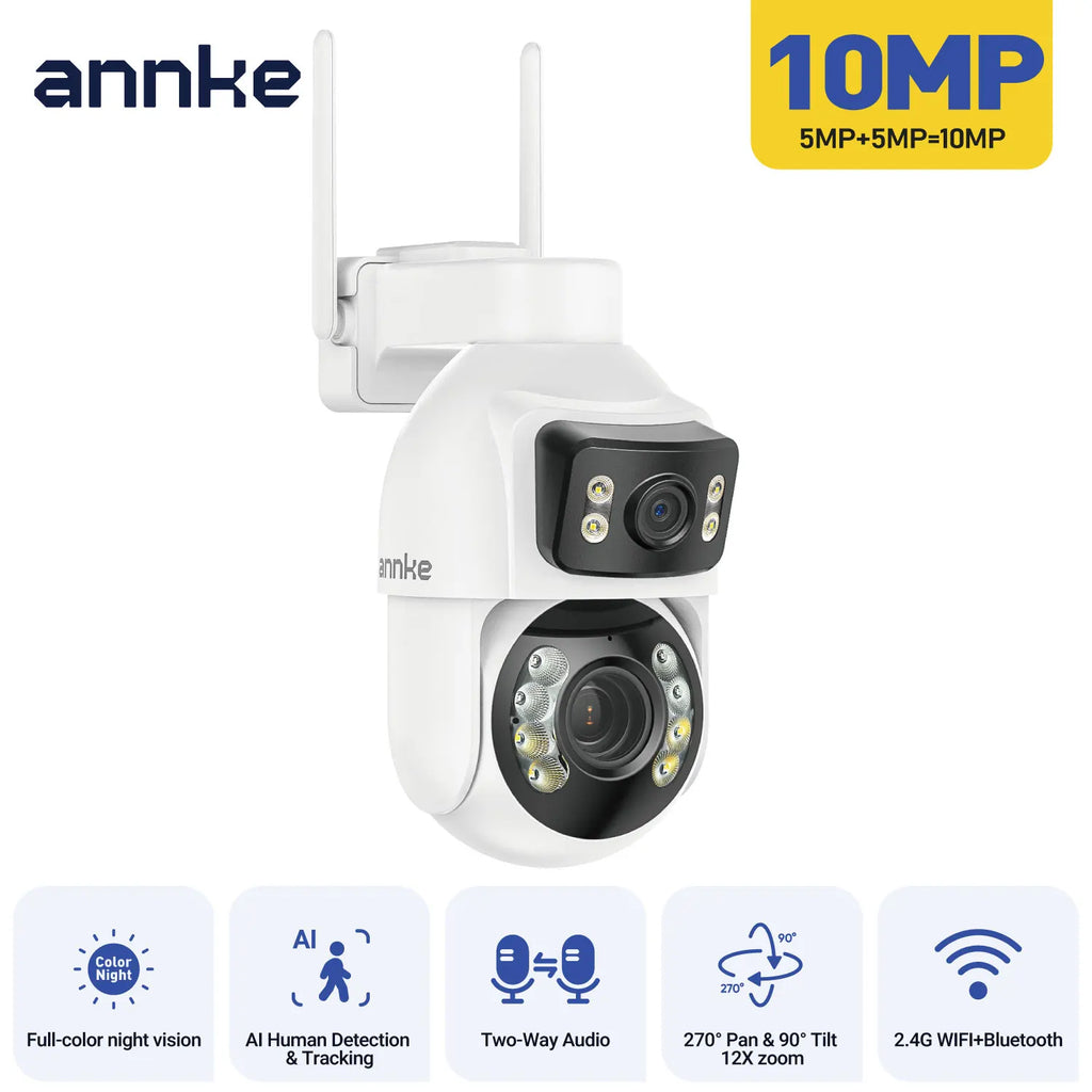 ANNKE 3 Inch PTZ Dual-Lens Security Camera, 5+5MP Dual-View on One Screen, 12X Optical Zoom, AI Human Tracking, Smart Dual-Light Full-Color Night Vision, Two-Way Audio, Siren Alarm, Alexa/Google Home Compatible