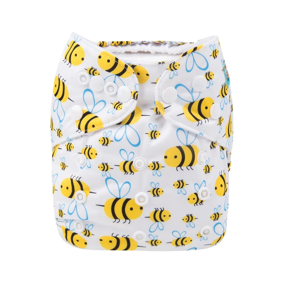 Adjustable cloth baby diaper with cute yellow bumblebee print for infants and toddlers.