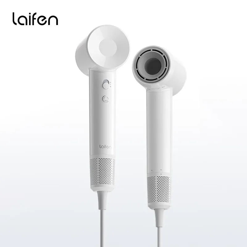 Laifen white high-speed hair dryer with lightweight 345g design, constant temperature, and noise-reduction technology.
