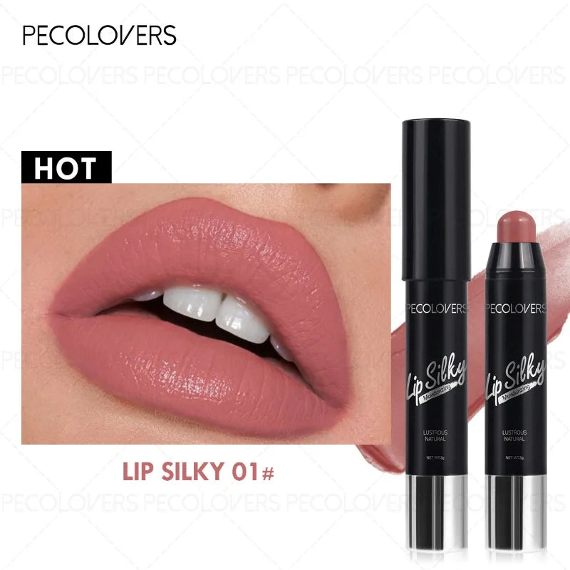 PECOLOVERS silky moisturizing lipstick pen in dusty rose, featuring a creamy, lustrous finish for defined lips.