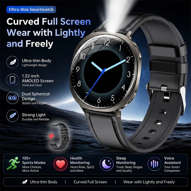 Round smartwatch with dark screen and black silicone sport strap showing 10:06