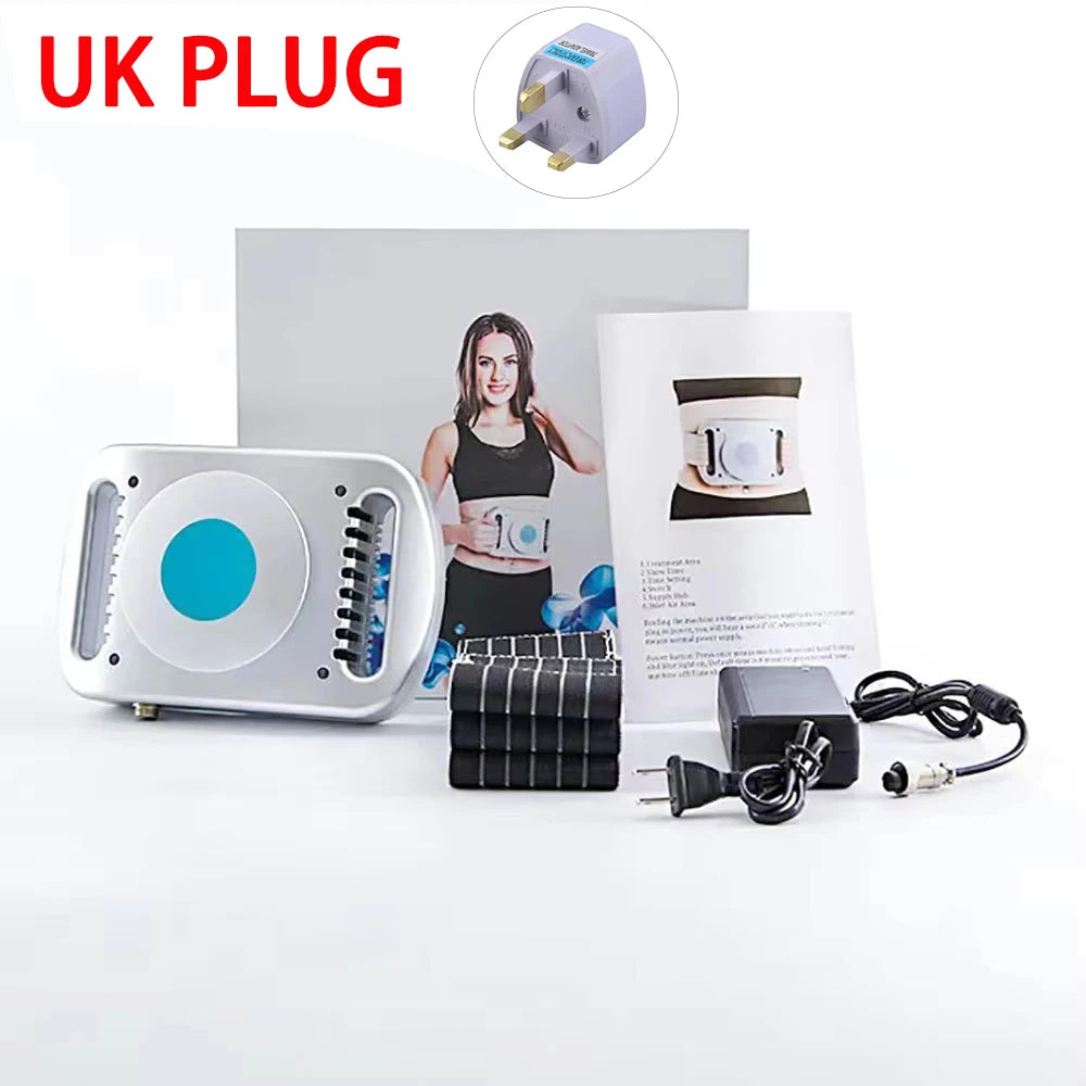 Fat freezing body sculpting device with blue indicator, power adapter, UK plug, user manual, and elastic straps.