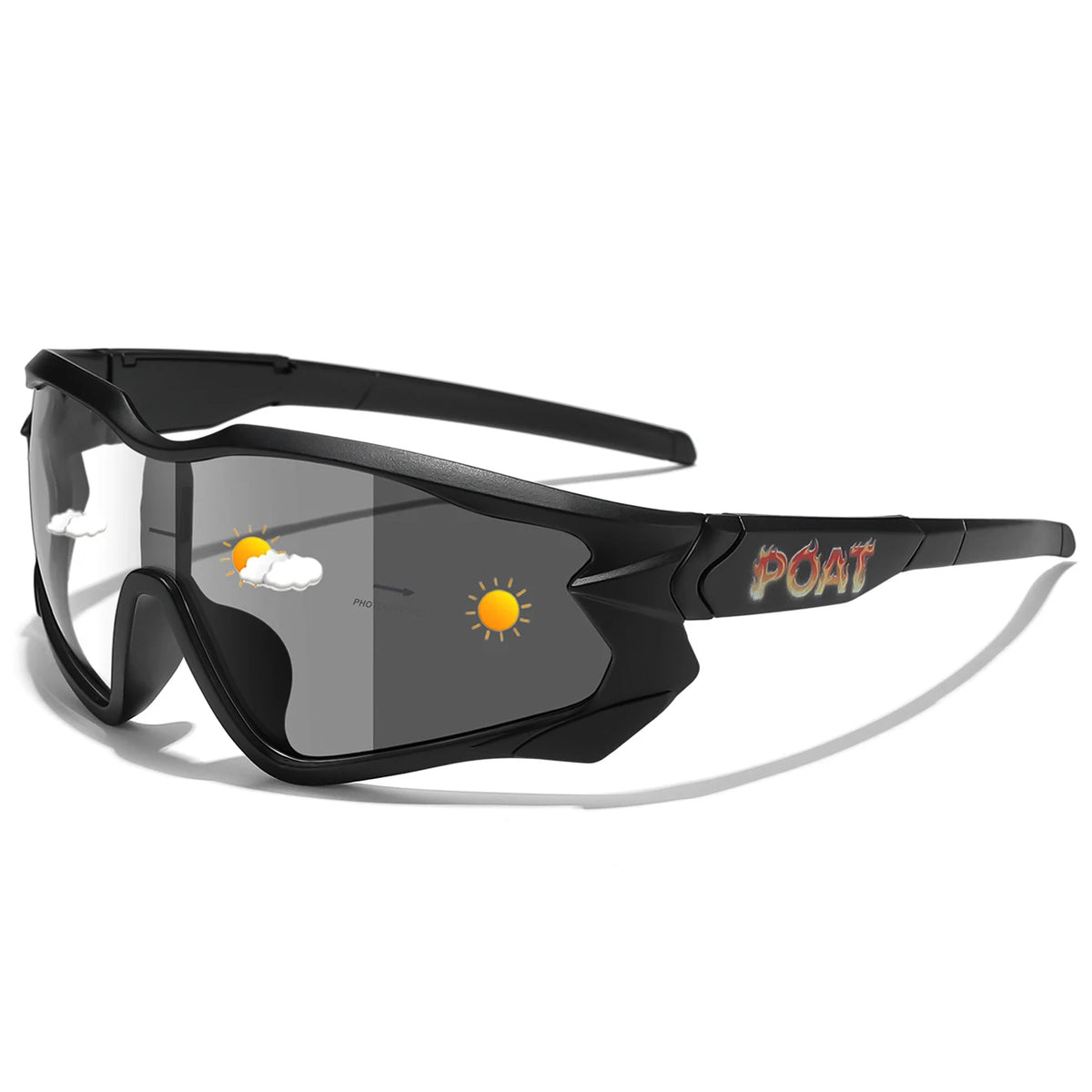Black sports photochromic goggles with tinted shield lens and dark frame