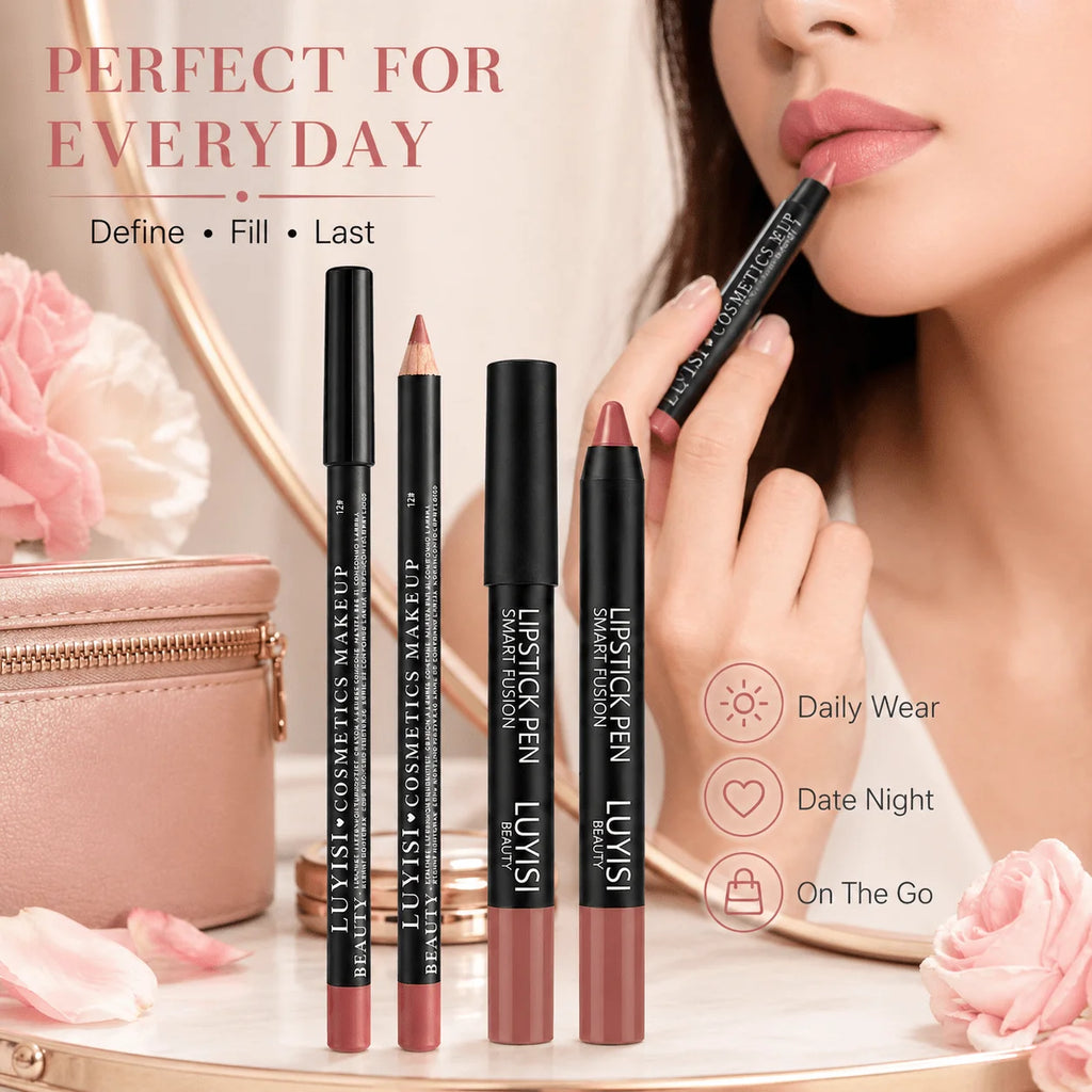 2-piece velvet matte lip set with waterproof lipstick pencil and long-lasting mauve nude lip liner for daily wear.