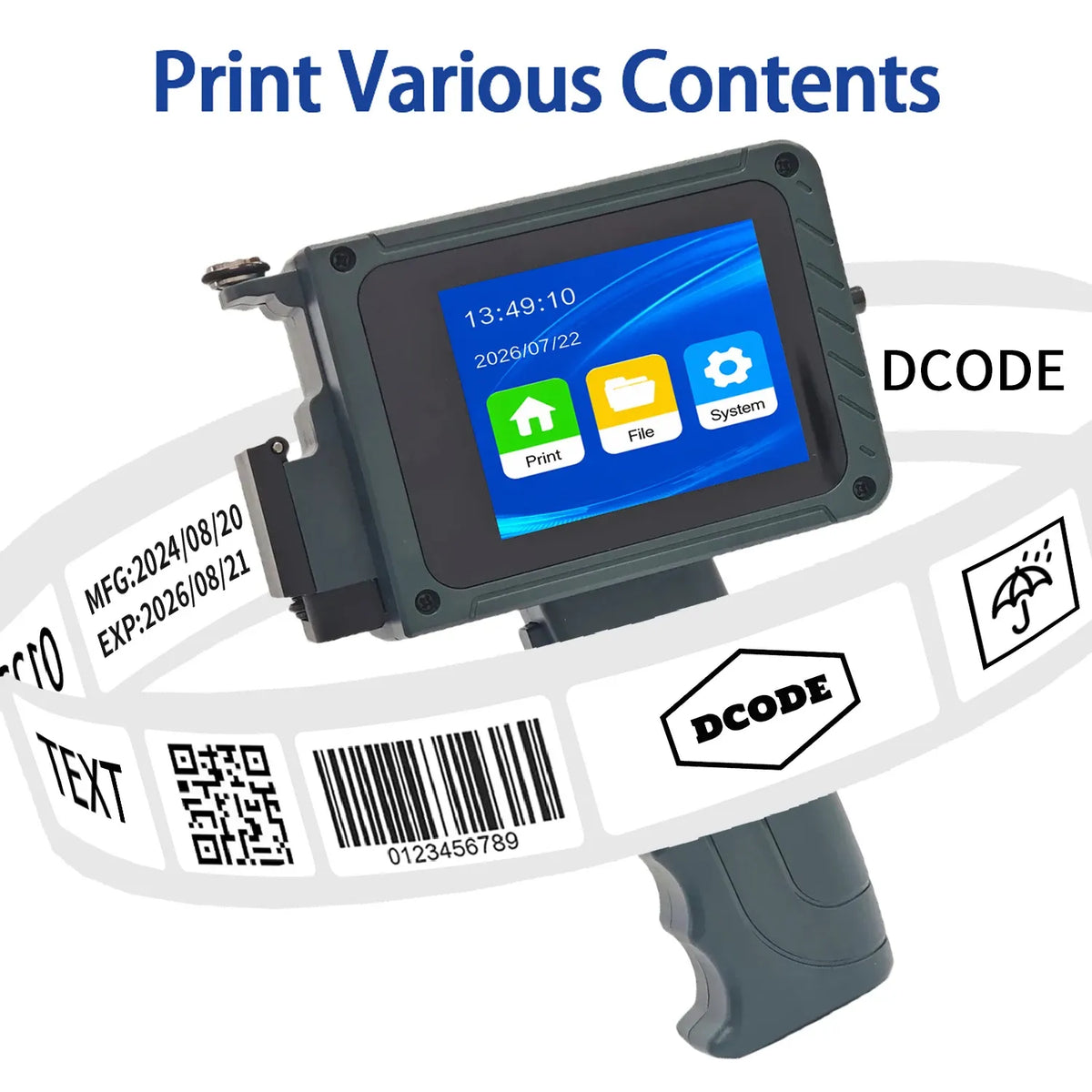 Handheld inkjet printer angled with screen, printing sample barcodes and labels