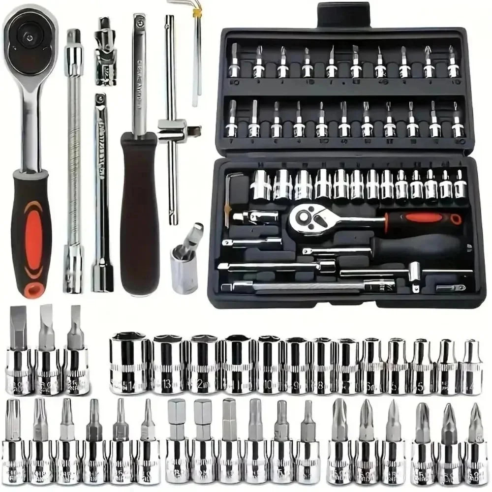 Professional 46pcs Cr-V Steel Socket Set with Ratchet Wrench Storage Bag Durable Sockets Extension Bar for Auto Home Repair Tool