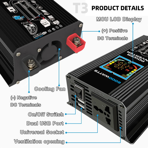 Black 6000W power inverter with LCD display, cooling fan, AC universal socket, dual USB ports, and red/black terminals.