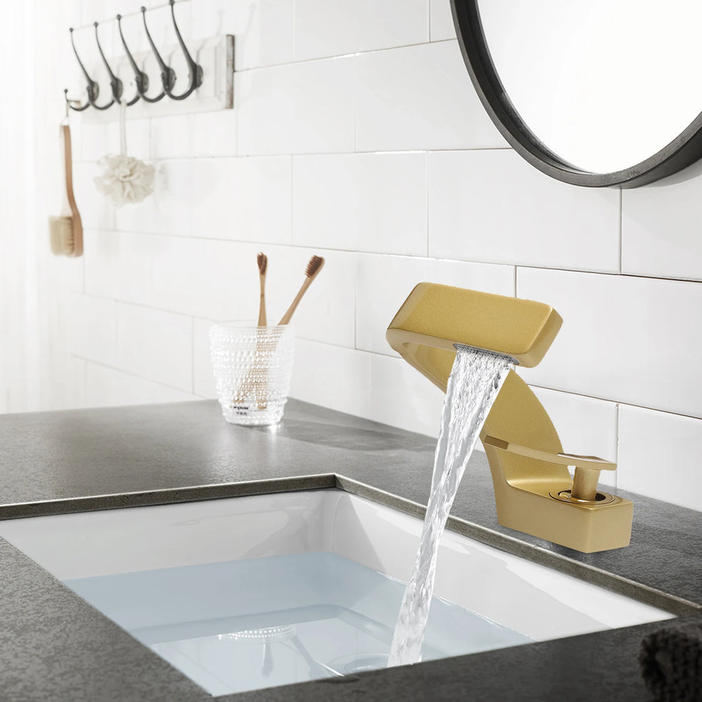 Gold Bathroom Waterfall Mixer Tap Modern Washbasin Faucet Copper Basin Tap Elegant Lift Off Type