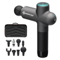 Dark gray handheld massage gun with eight interchangeable heads and a black carrying case for muscle recovery.