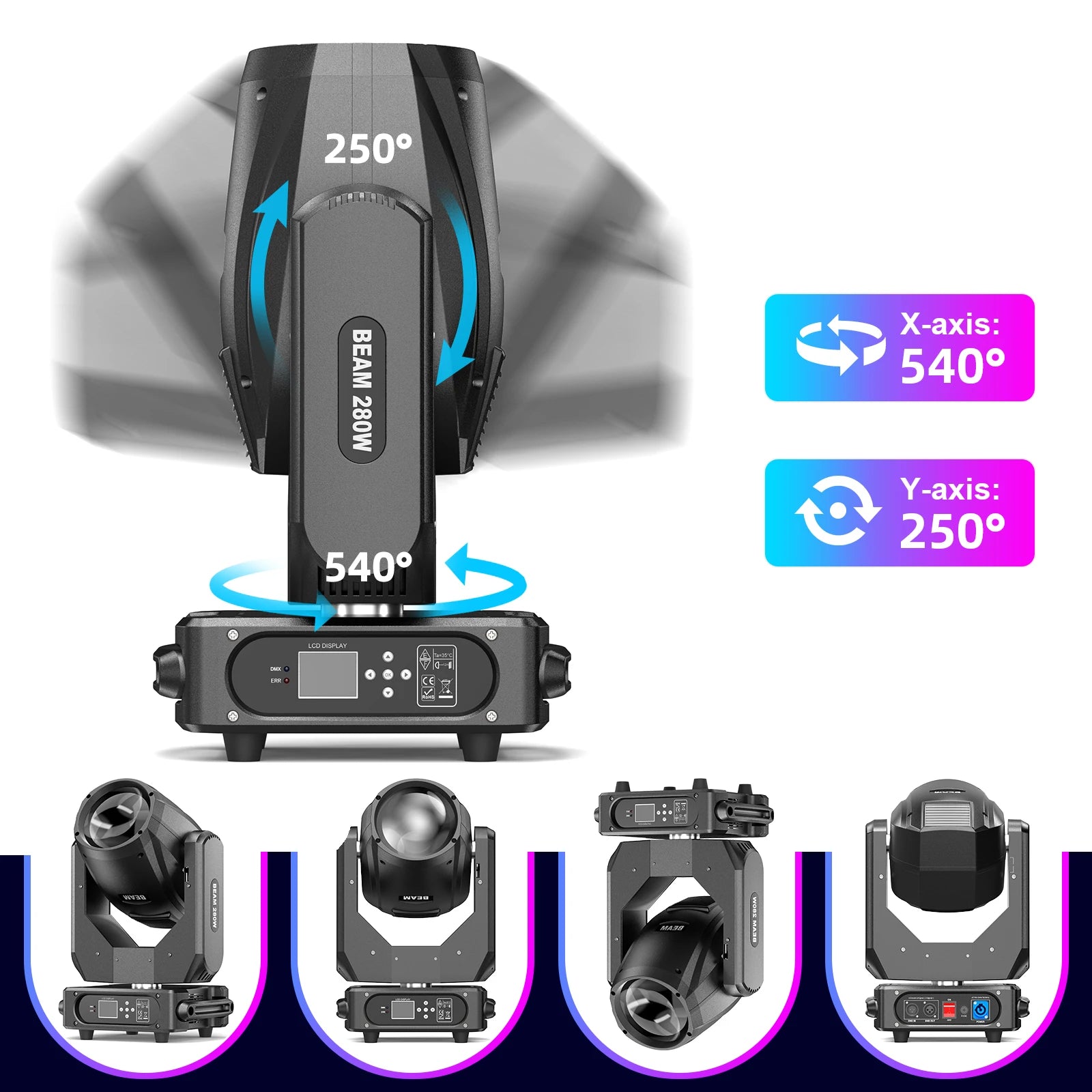 U'King 280W 10R Beam Moving Head Light DMX512 Rainbow Effect Strobe Stage Light 14 Colors 14 Gobos 2 Prisms for DJ Party Disco