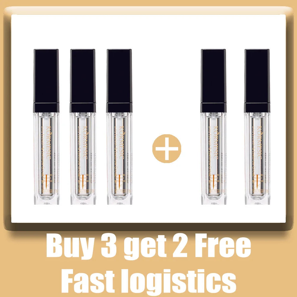 Five transparent tubes of 2-in-1 eyebrow and eyelash growth serum with black caps, promoting longer, thicker lashes.