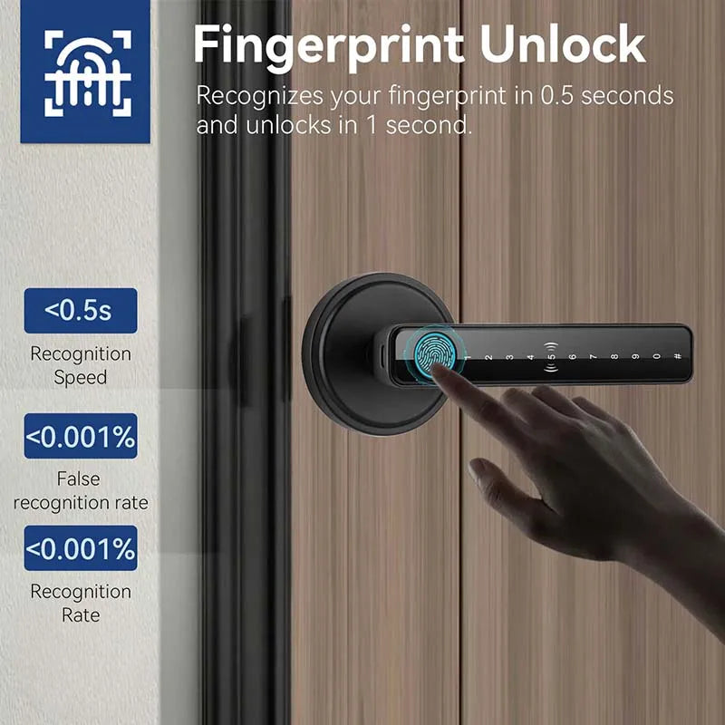 Tuya Handle Fingerprint Key Card Digital Smart Door Lock Keypad Key Entry Electronic Lock Home House 9 Languages Audio Playback
