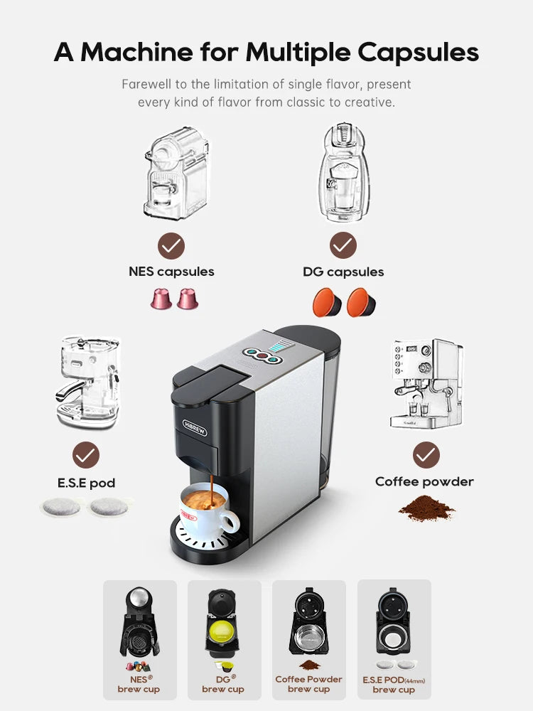 HiBREW multi-capsule coffee machine, silver and black, compatible with NES, DG capsules, E.S.E pods, and grounds.