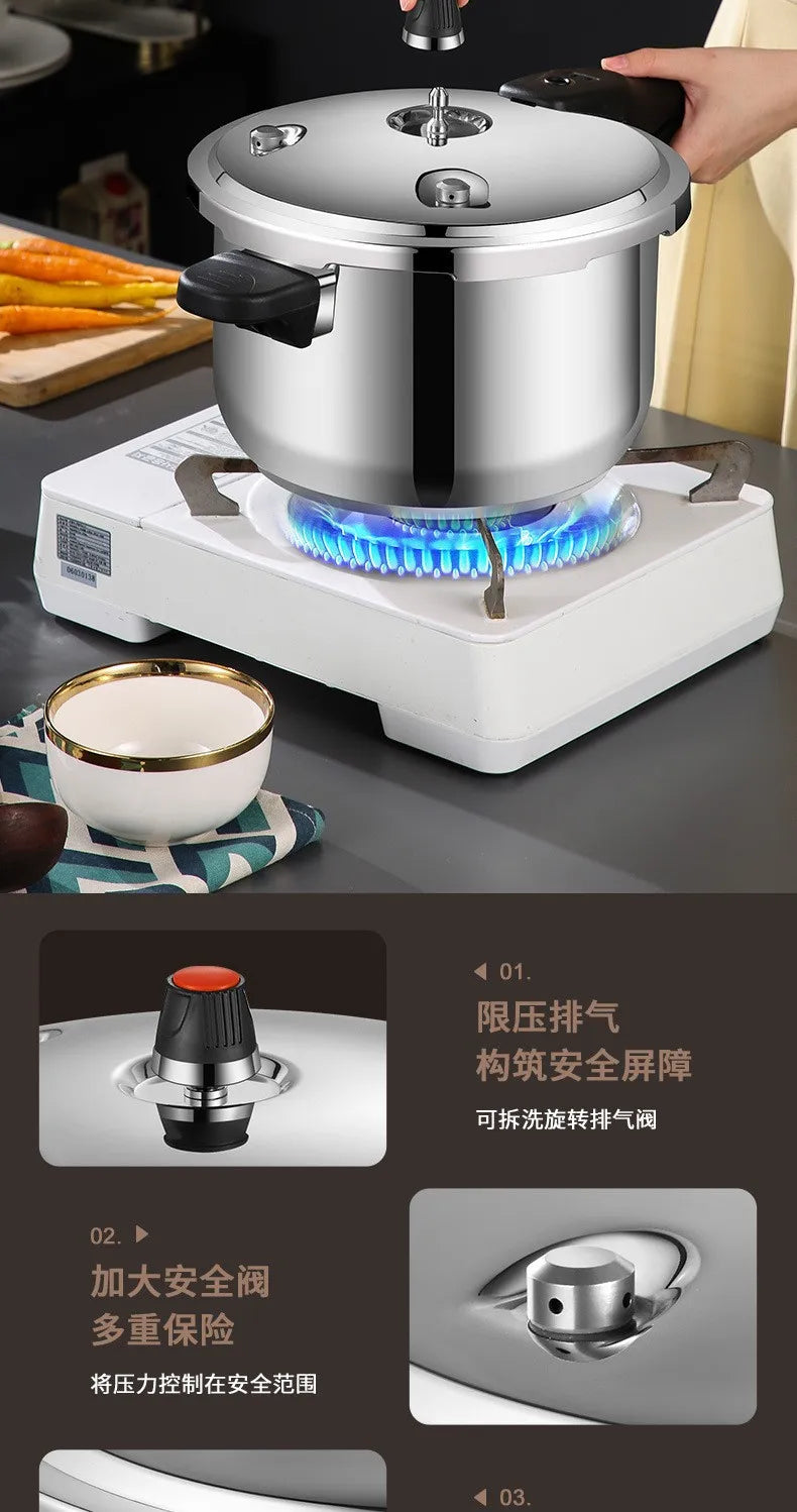 Stainless steel pressure cooker on white base with blue flame heating ring